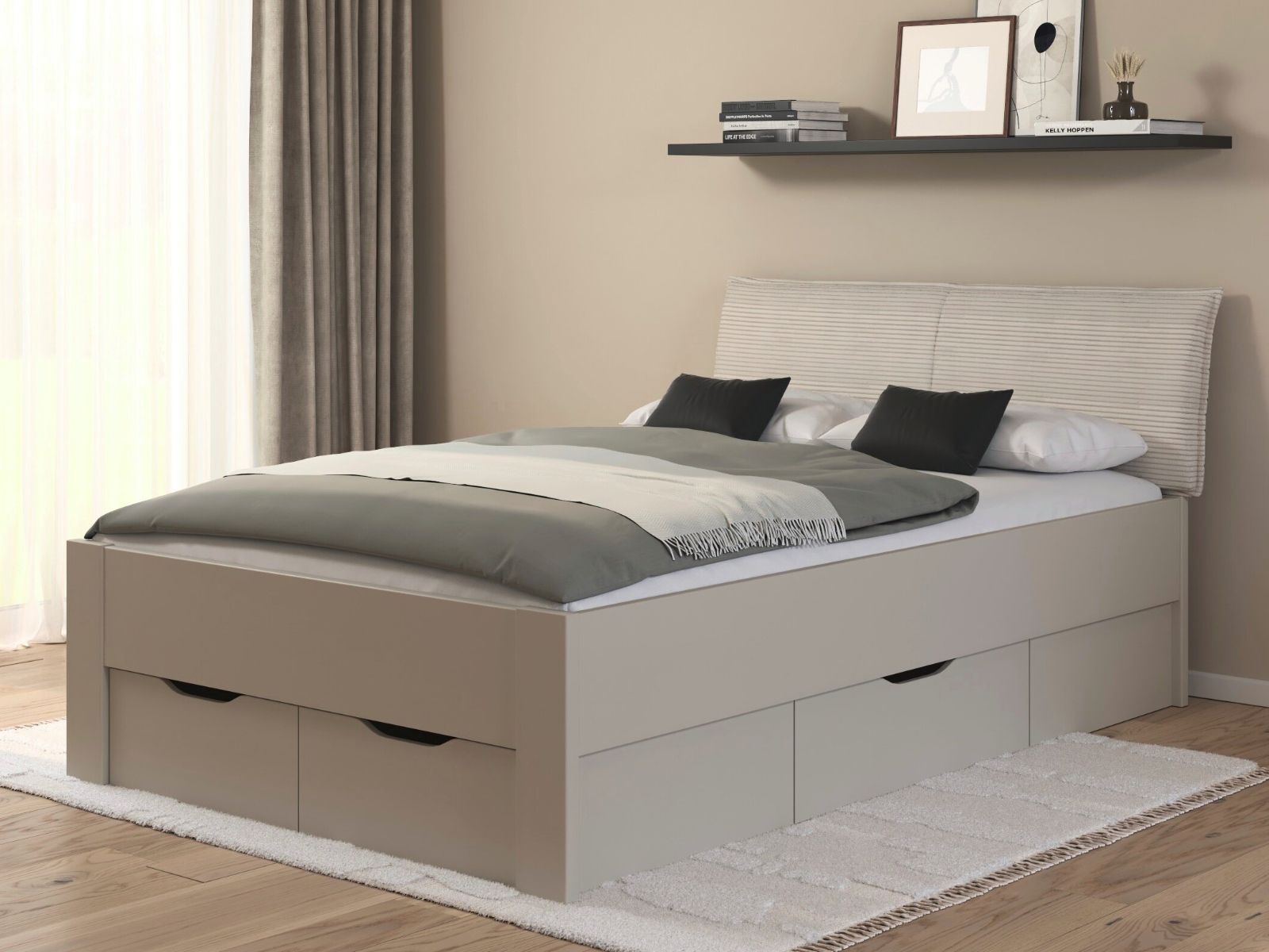 Bed LANDER 140x200 cm kasjmier/ivoorkleurig fluweel met lades