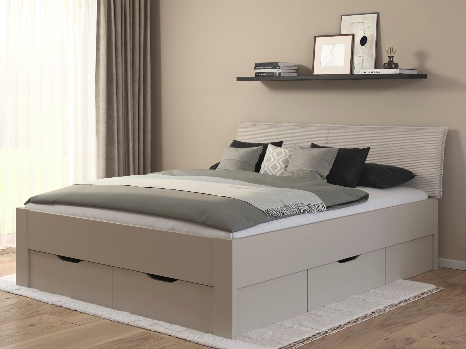 Bed LANDER 160x190 cm kasjmier/ivoorkleurig fluweel 160x190 cm met lades