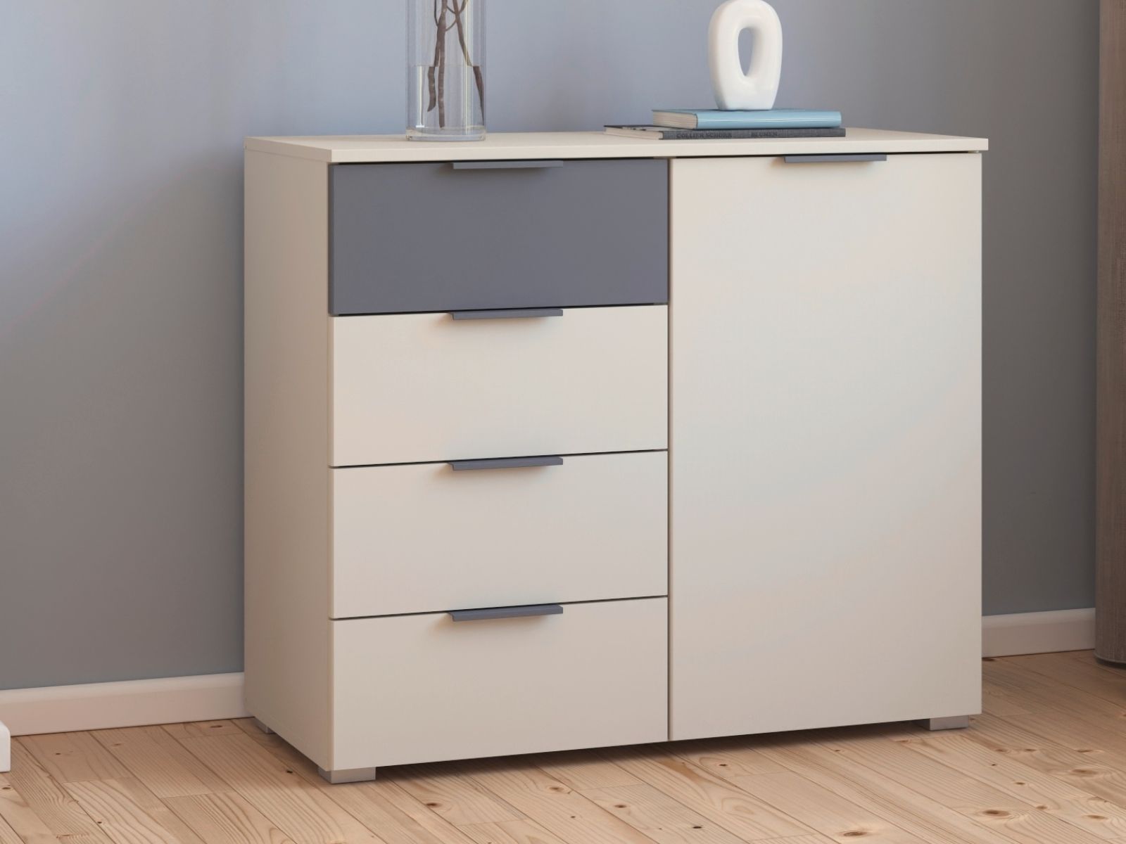 Mobistoxx Commode SAJORIS 1 deur 4 lades kasjmier/metaalgrijs