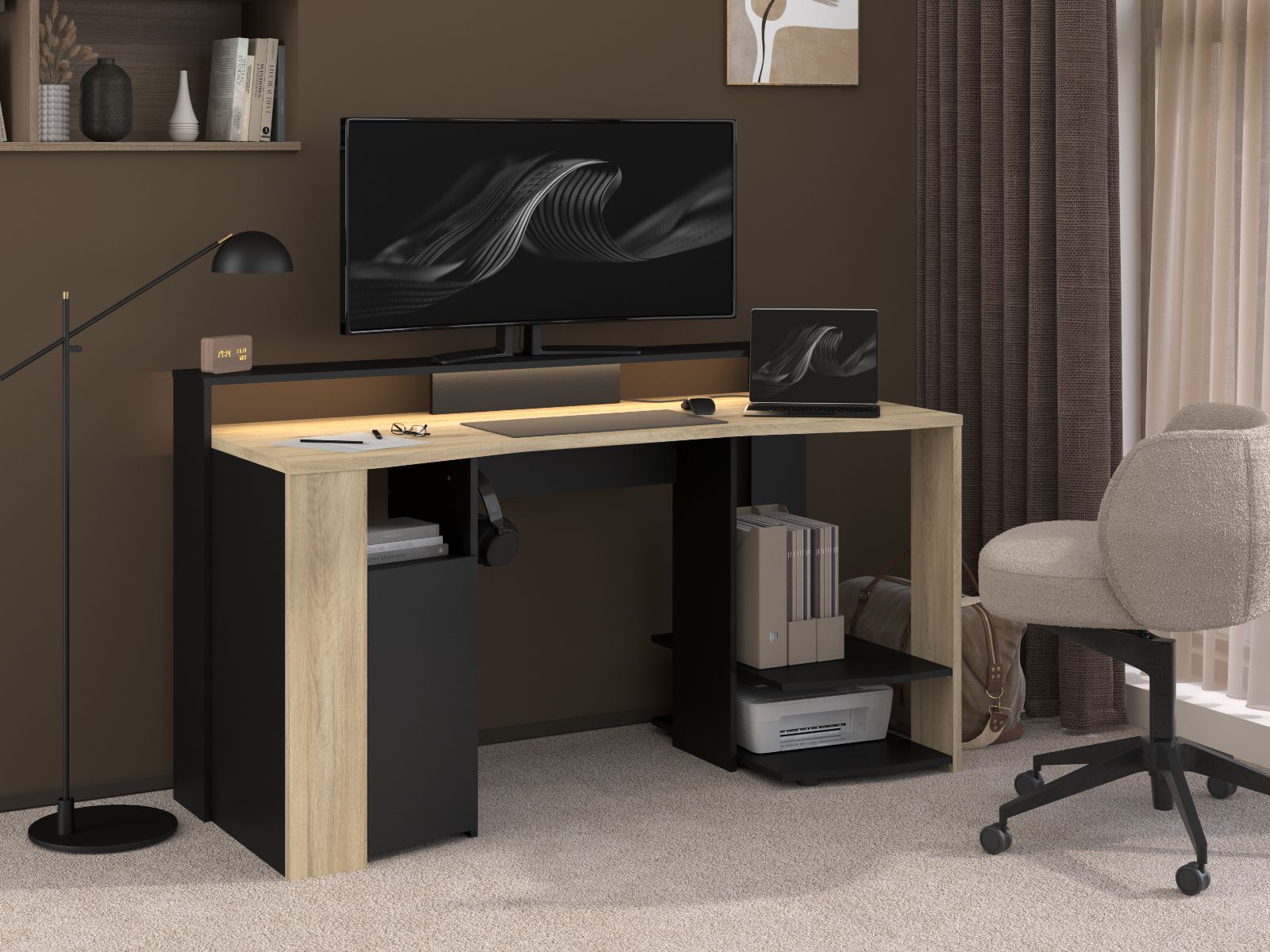 Mobistoxx Bureau METACARP 152 cm kronberg eik/zwart met led