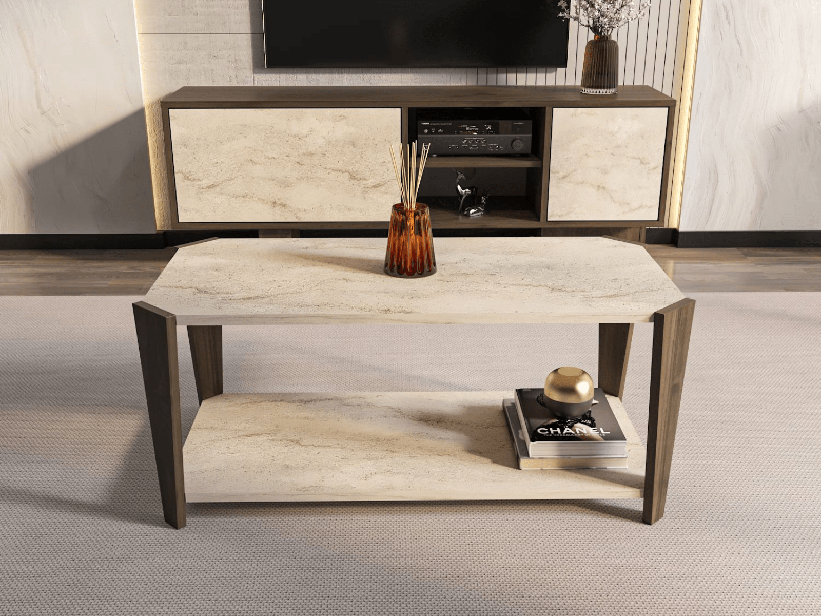 Salontafel MONACAL 91 cm walnoot/travertijn