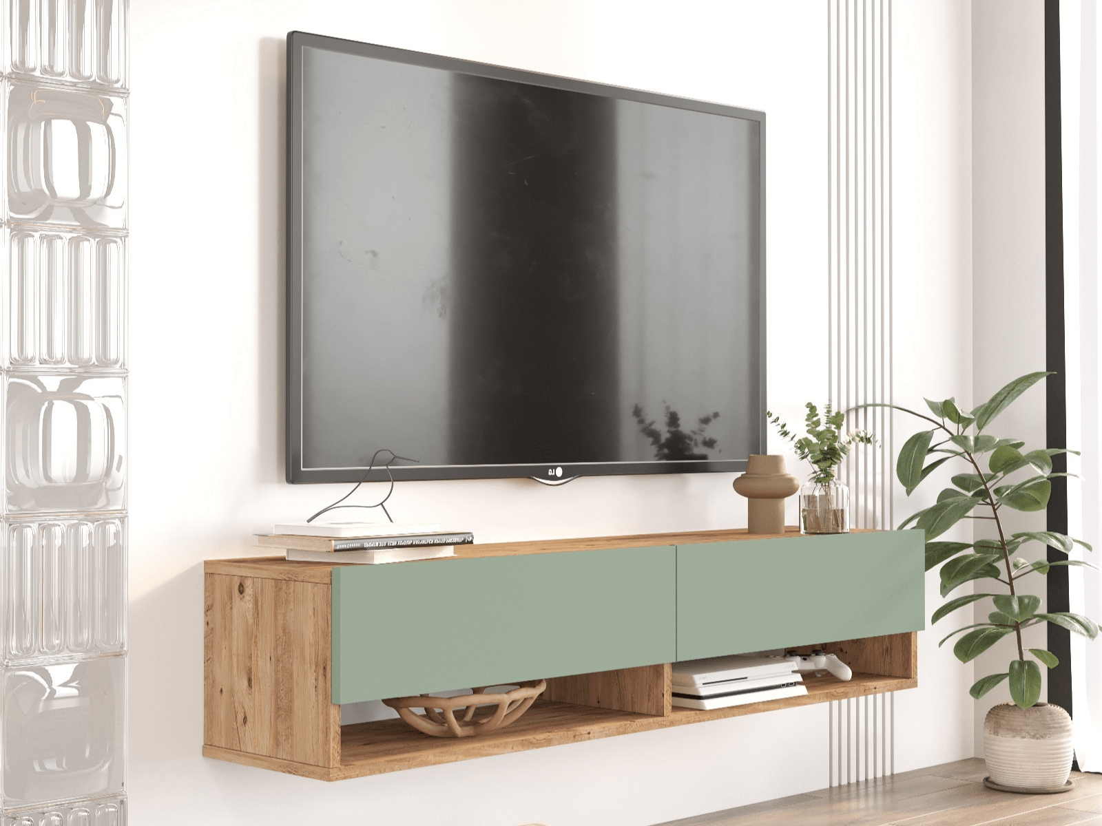 Tv-meubel FRULINO 140 cm 2 klapdeuren atlantische pijnboom/groen