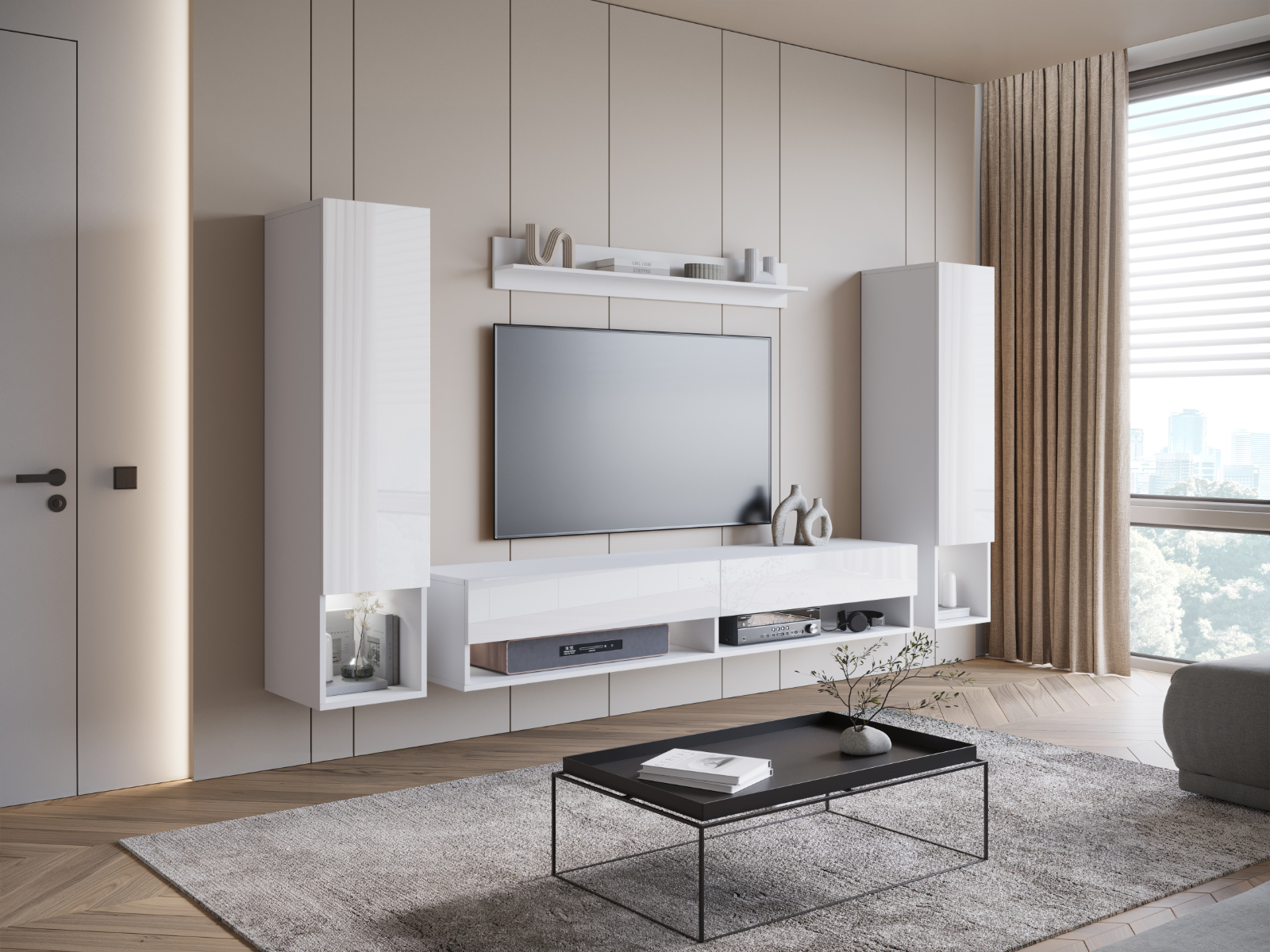 Tv-meubel set AMADEUS 4 deuren wit/hoogglans wit met led