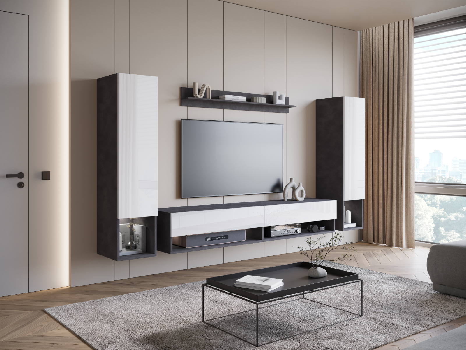 Tv-meubel set AMADEUS 4 deuren antraciet/hoogglans wit