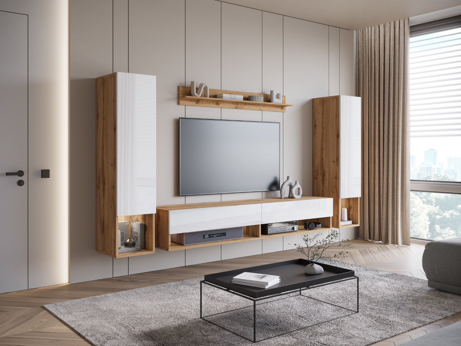Tv-meubel set AMADEUS 4 deuren wotan eik/hoogglans wit met led 