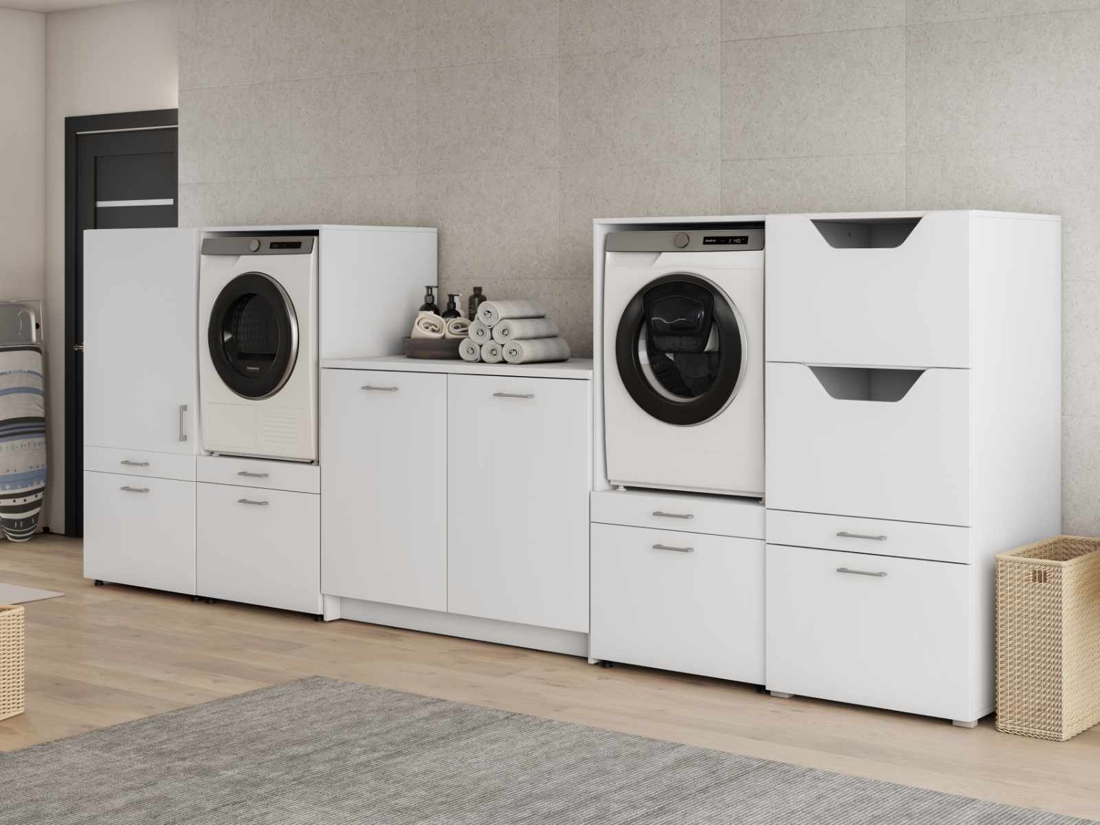 Kast WASHING 2 machines met kast 1 deur 2 lades en kast voor wasgoed en kast met werkblad MEDIUM wit