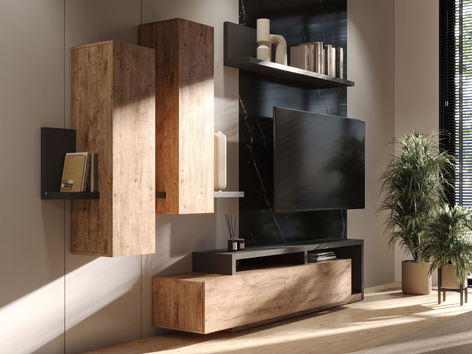 Tv-meubel set BOTSWANA 2 lades 2 opbergvakken antraciet/ribbec eikenhout afbeelding