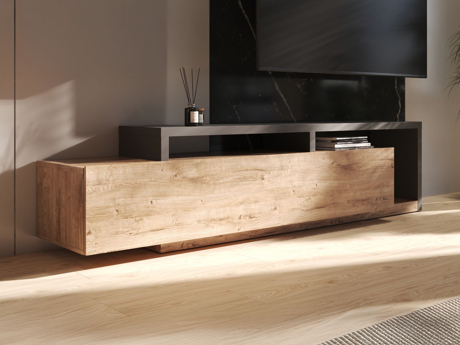 Tv-meubel BOTSWANA 2 lades 2 opbergvakken antraciet/ribbec eikenhout afbeelding