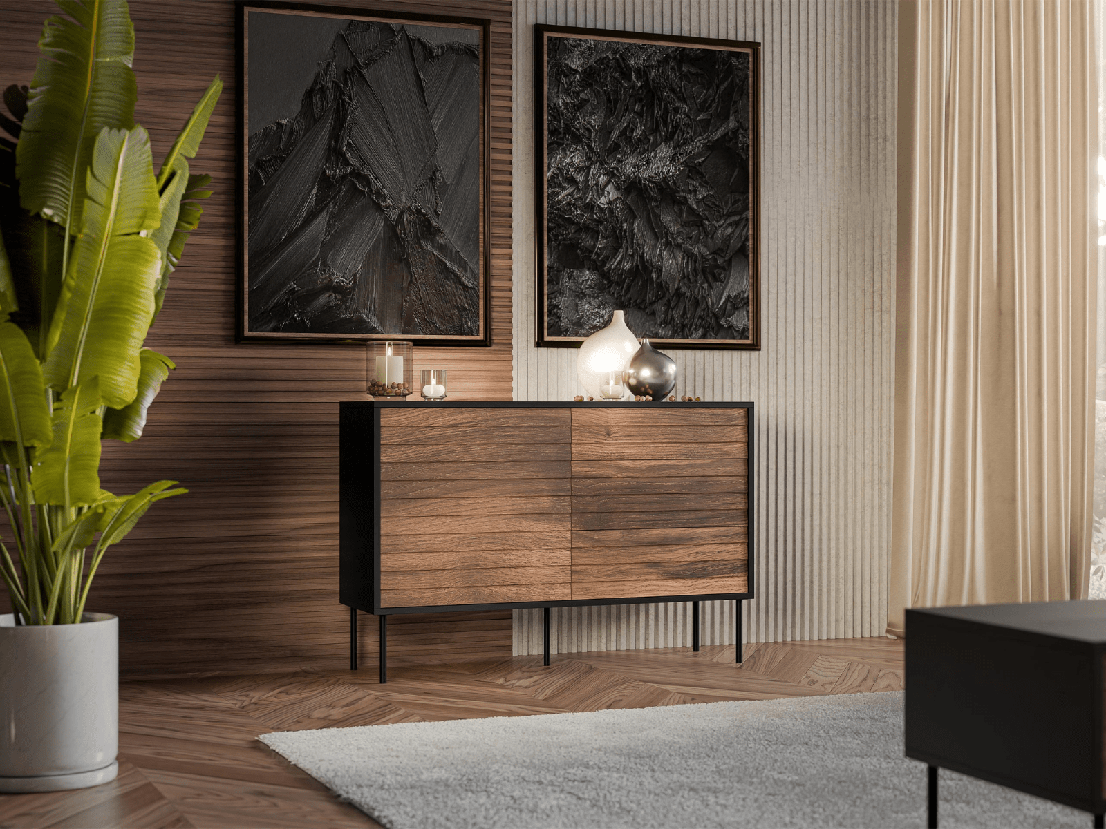 Commode HEPRANI 1 deur 3 lades walnoot bruin/zwart