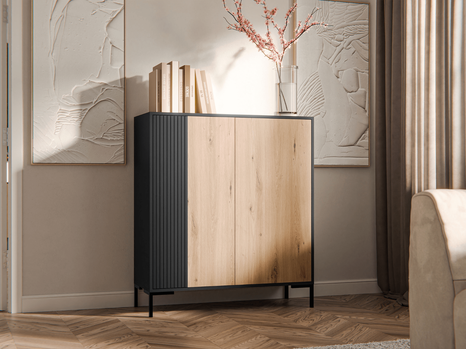 Commode MARIS 2 deuren mat zwart/artisan eik