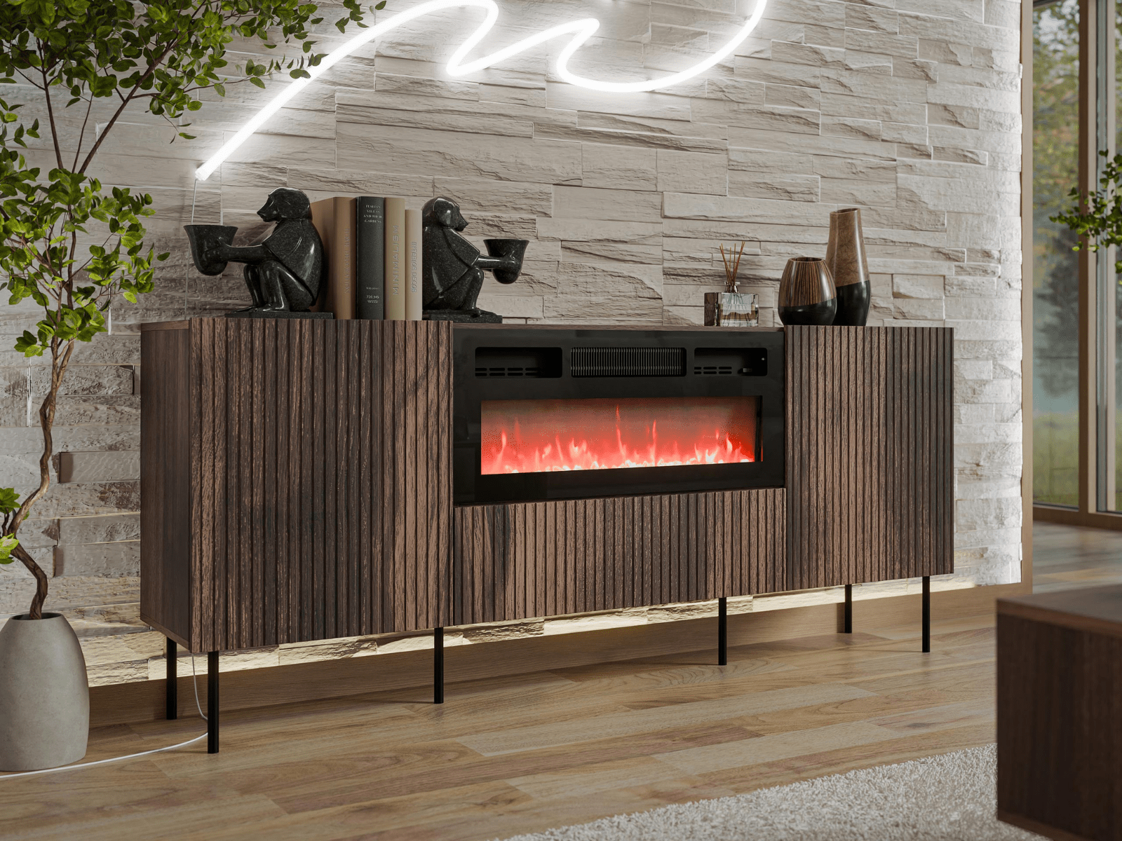 Dressoir met haard TAKKO 3 deuren walnoot bruin