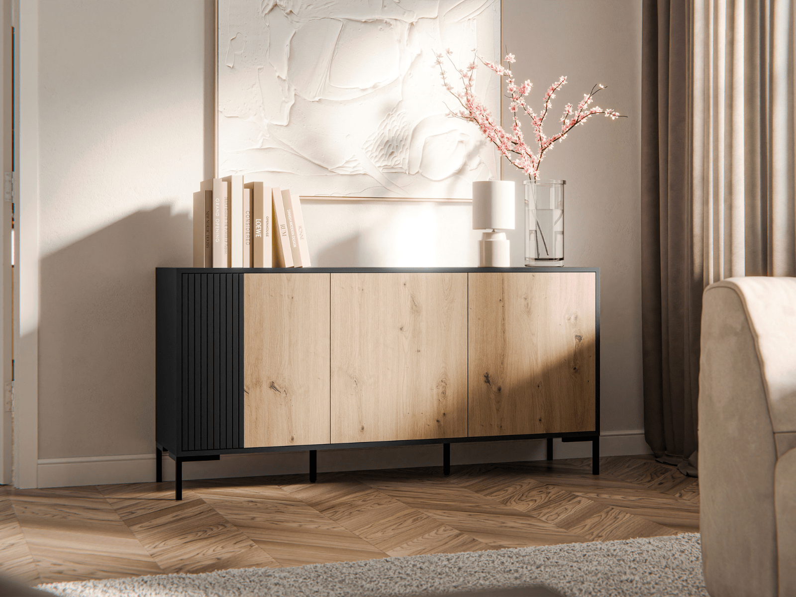 Mobistoxx Dressoir MARIS 3 deuren mat zwart artisan eik