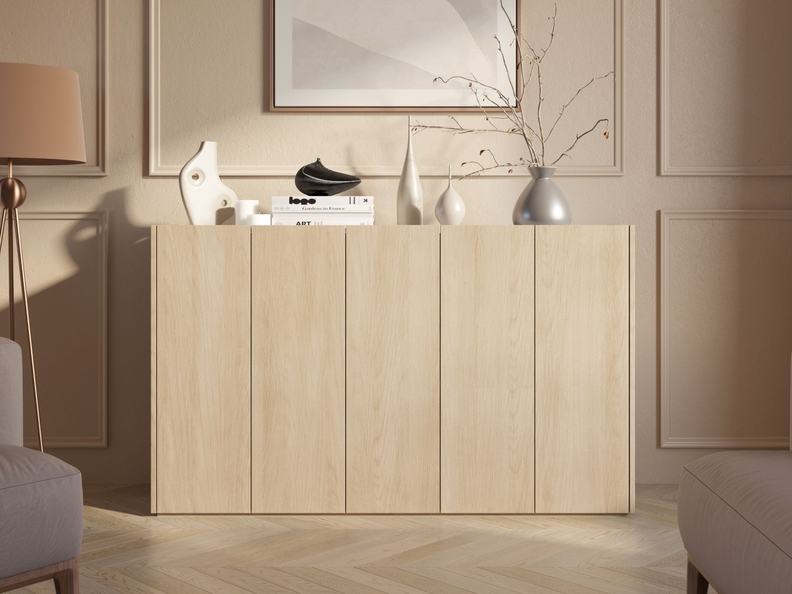 Schoenenkast PEASY 5 deuren scandinavische eik/hoogglans wit afbeelding