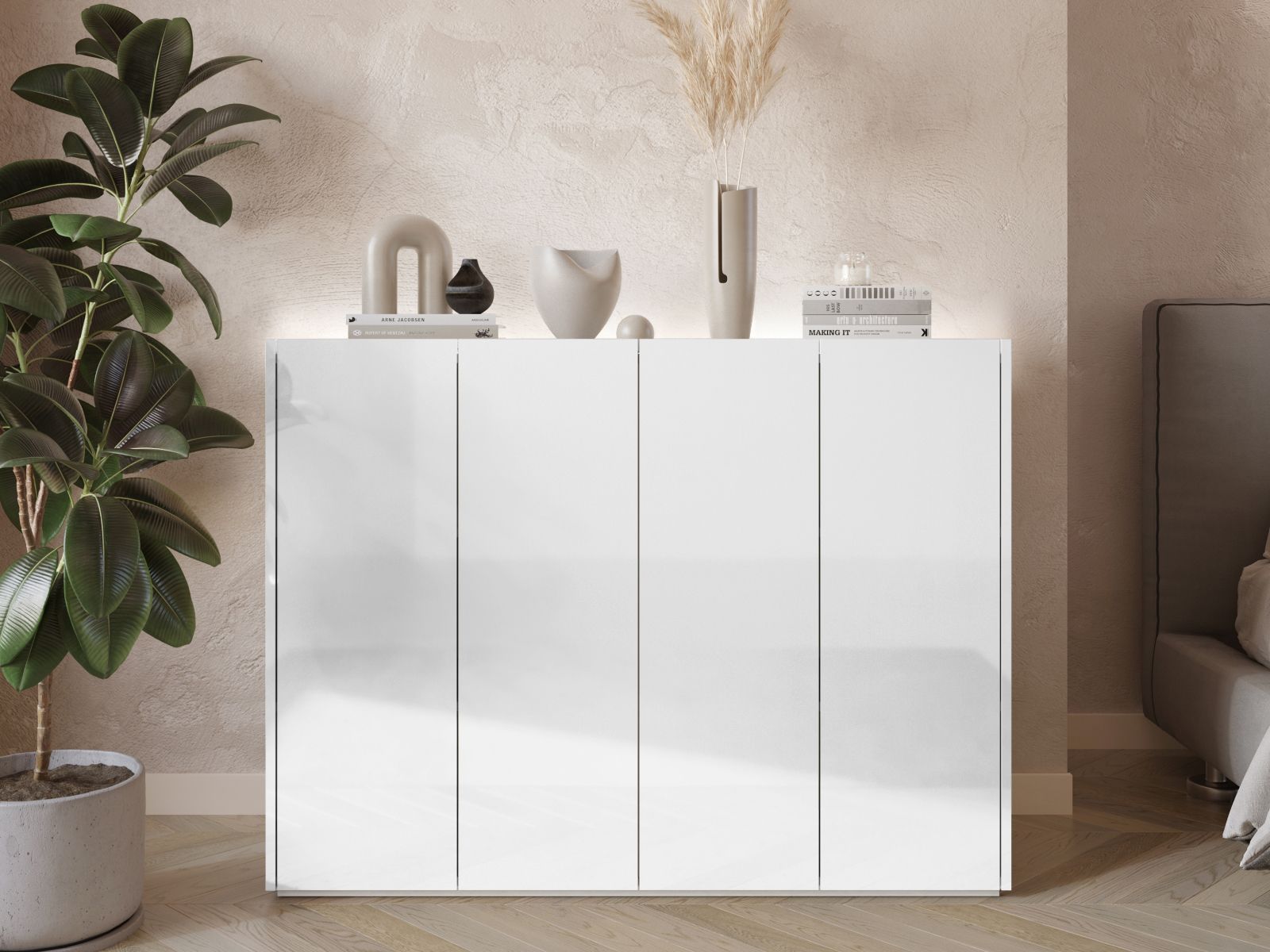 Schoenenkast PEASY 4 deuren hoogglans wit/scandinavische eik afbeelding