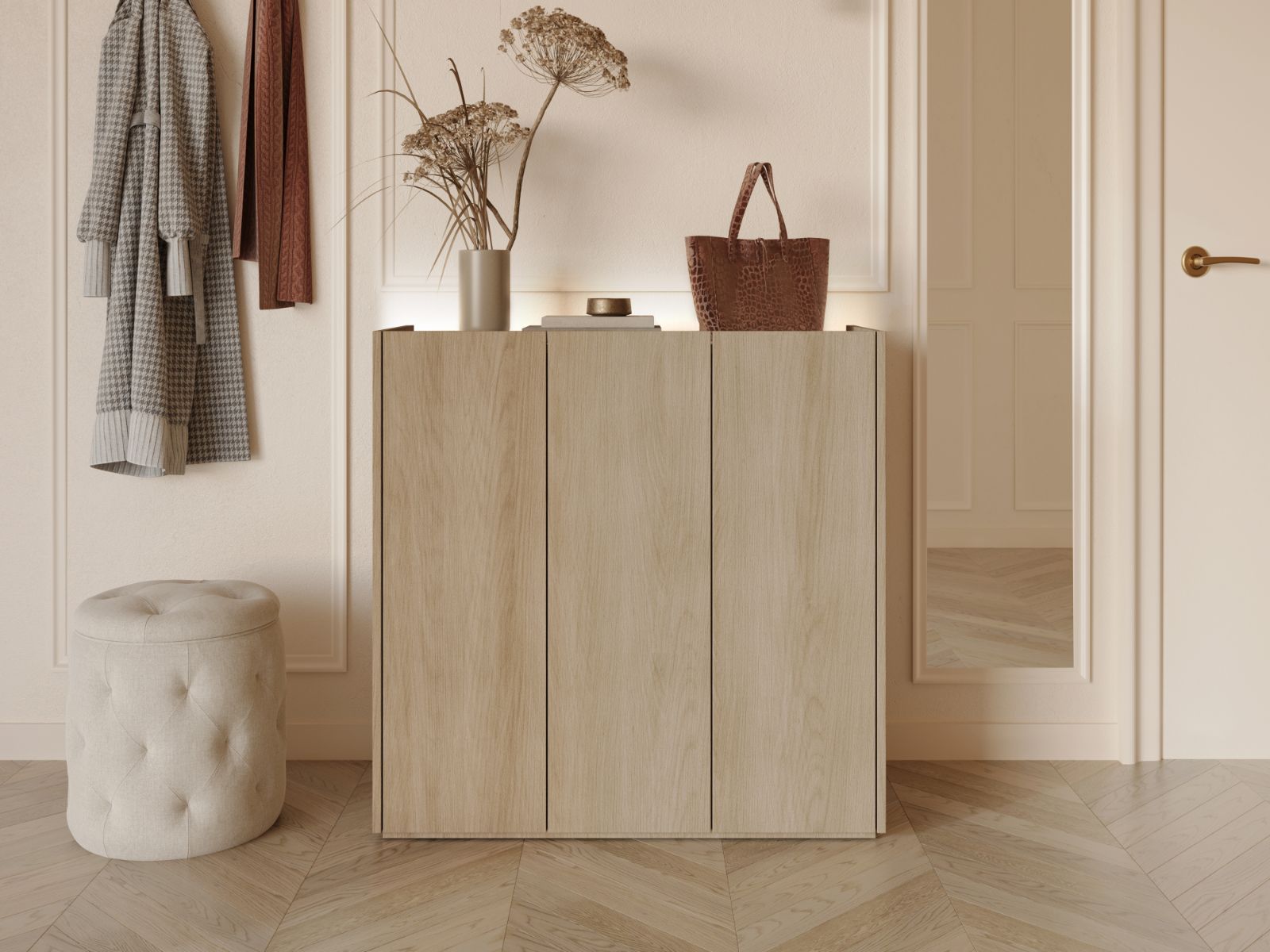 Schoenenkast PEASY 3 deuren scandinavische eik/hoogglans wit afbeelding