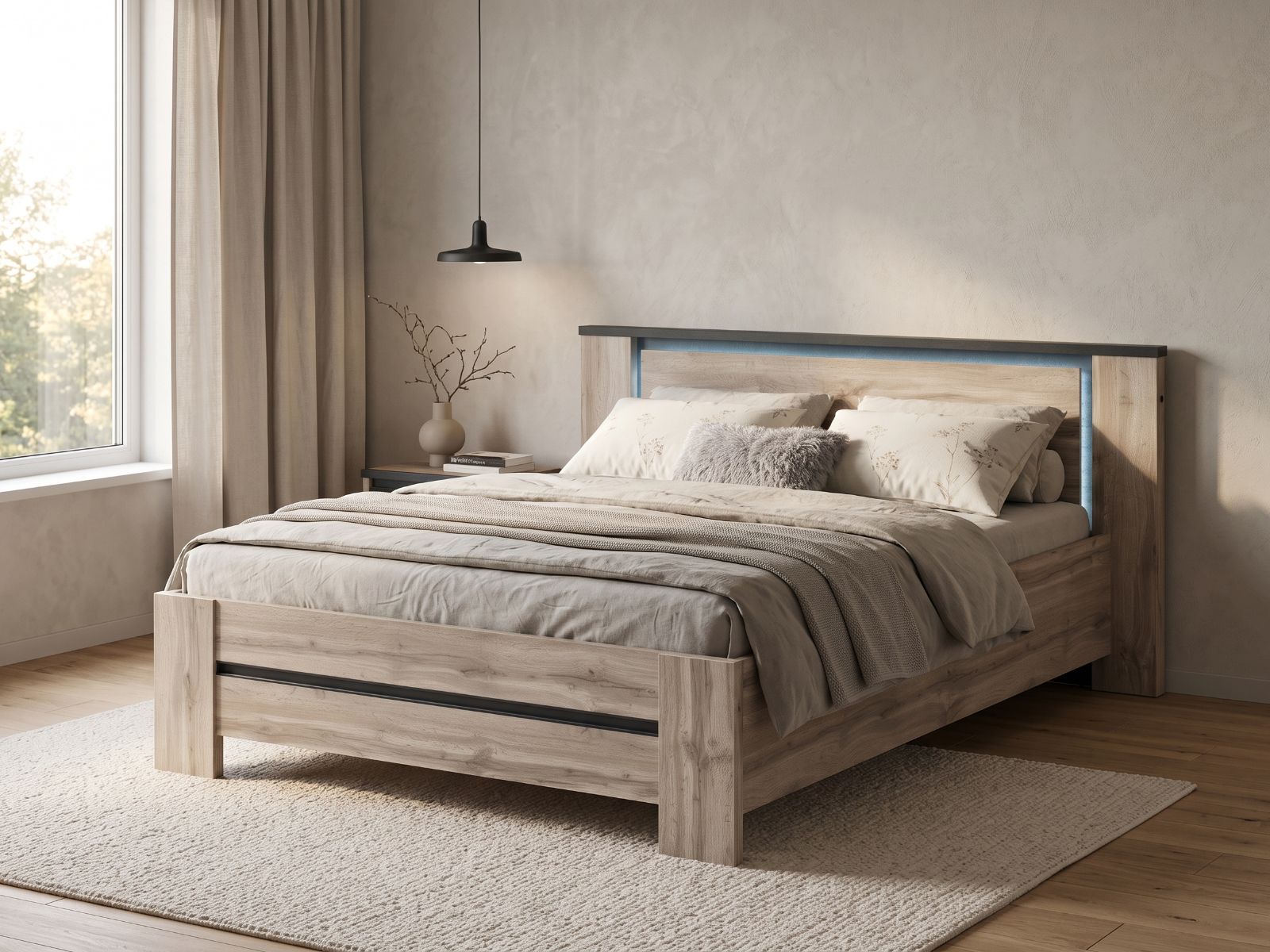 Tweepersoonsbed ELVYA 160x200 cm canadese eik met led