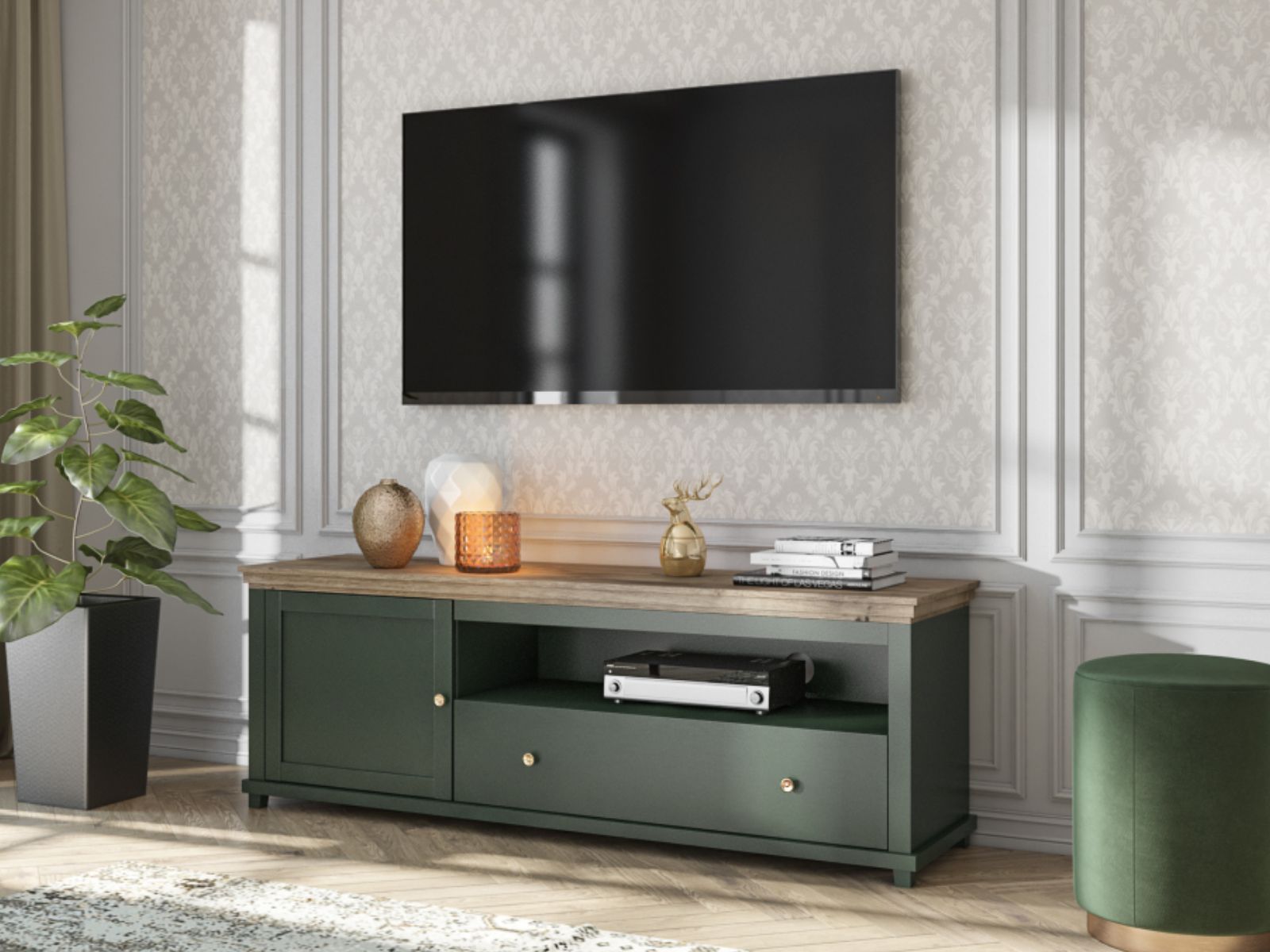TV-meubel EVOCO 1 deur en 1 lade ribbec eik/groen 