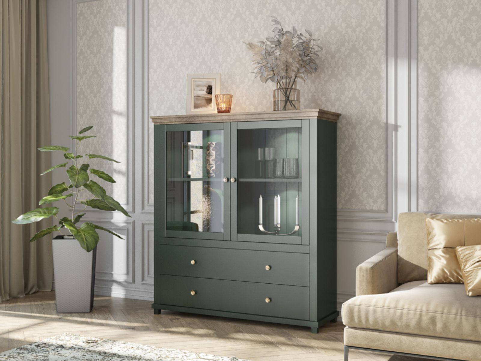 Vitrinekast EVOCO 2 deuren en 2 lades ribbec eik/groen