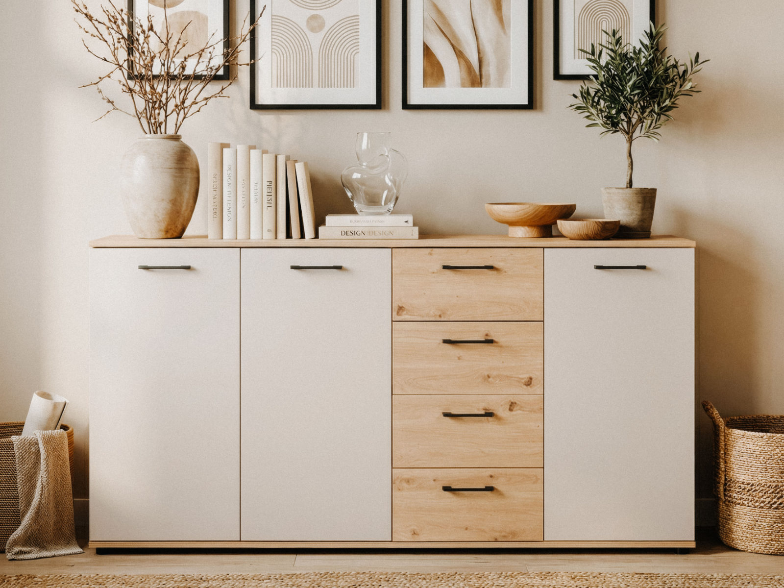 Mobistoxx Dressoir KIRRI 3 deuren 4 lades kasjmier/artisan eik