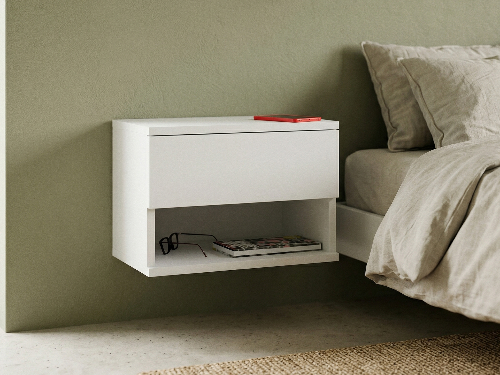 Zwevend nachtkastje NECELA 1 lade wit/hoogglans wit