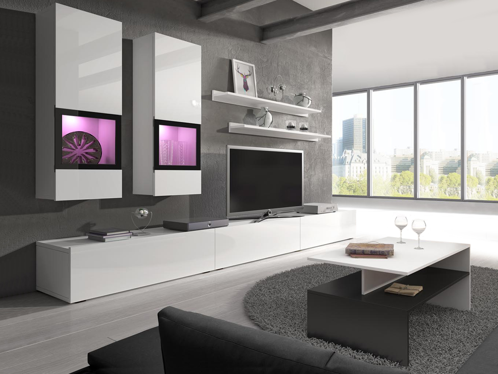 Tv-meubel set BABEL 5 deuren wit/hoogglans wit met verlichting met salontafel