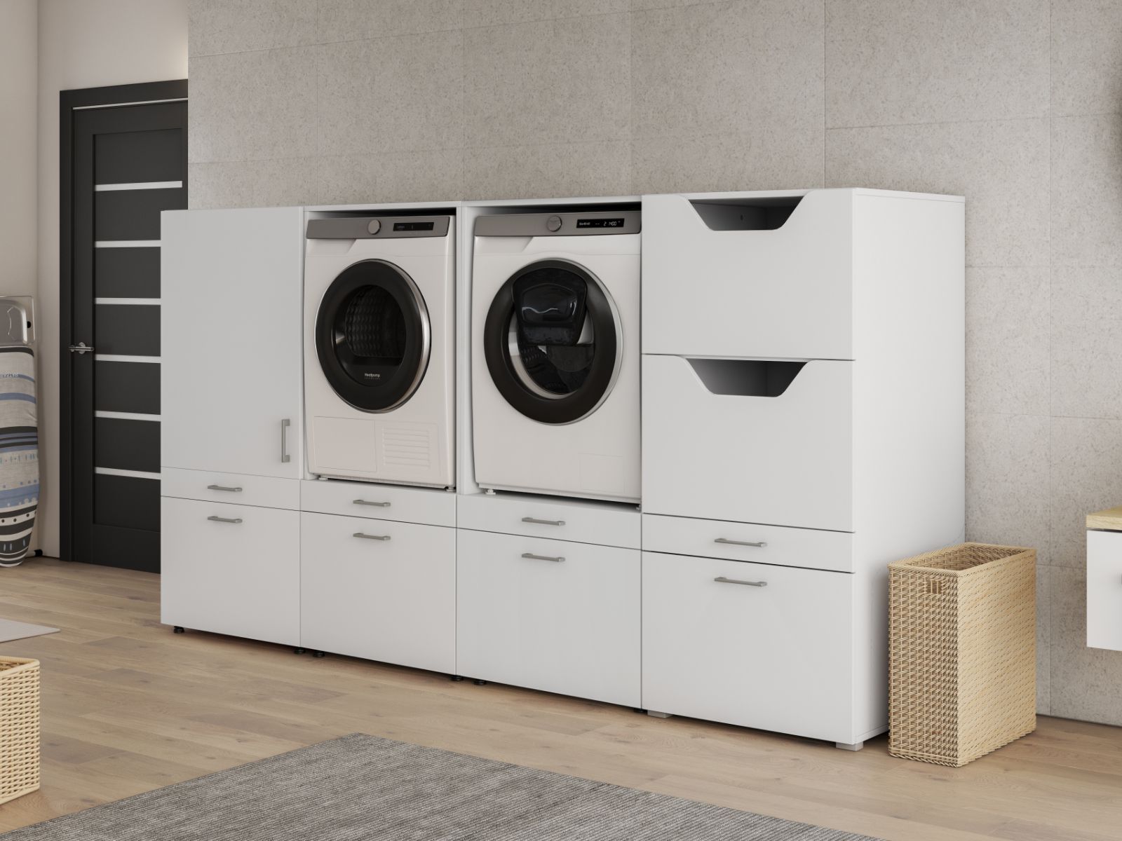 Kast WASHING 2 machines met kast 1 deur 2 lades en kast voor wasgoed MEDIUM wit afbeelding