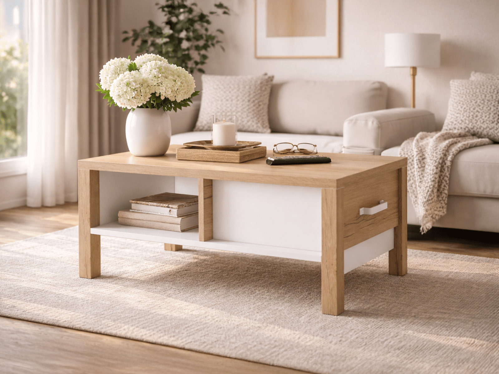 Salontafel OLIANNE 90 cm natuurlijke eik/wit