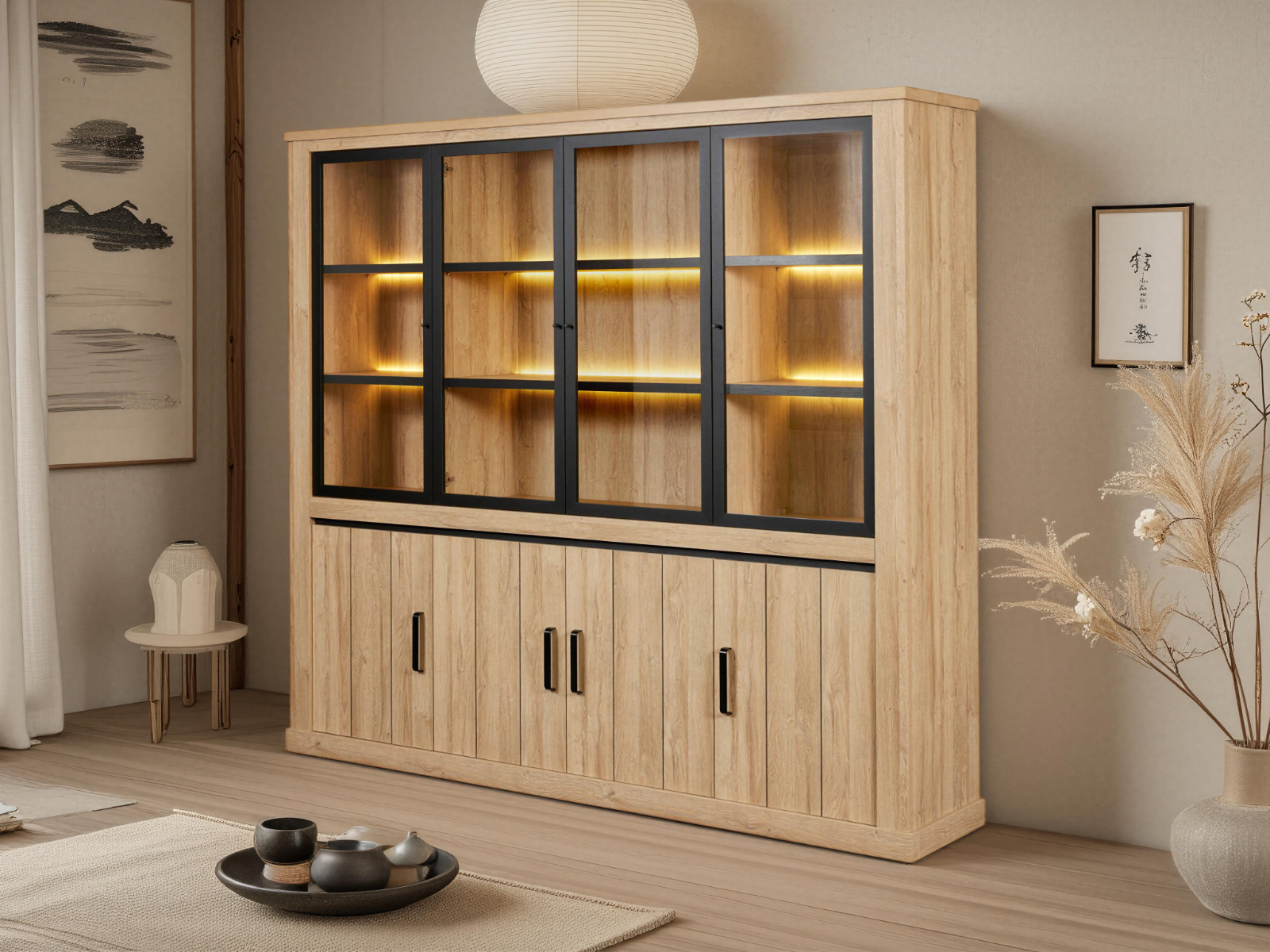 Buffetkast TIBOR 4 glazen deuren 4 volle deuren franse eik