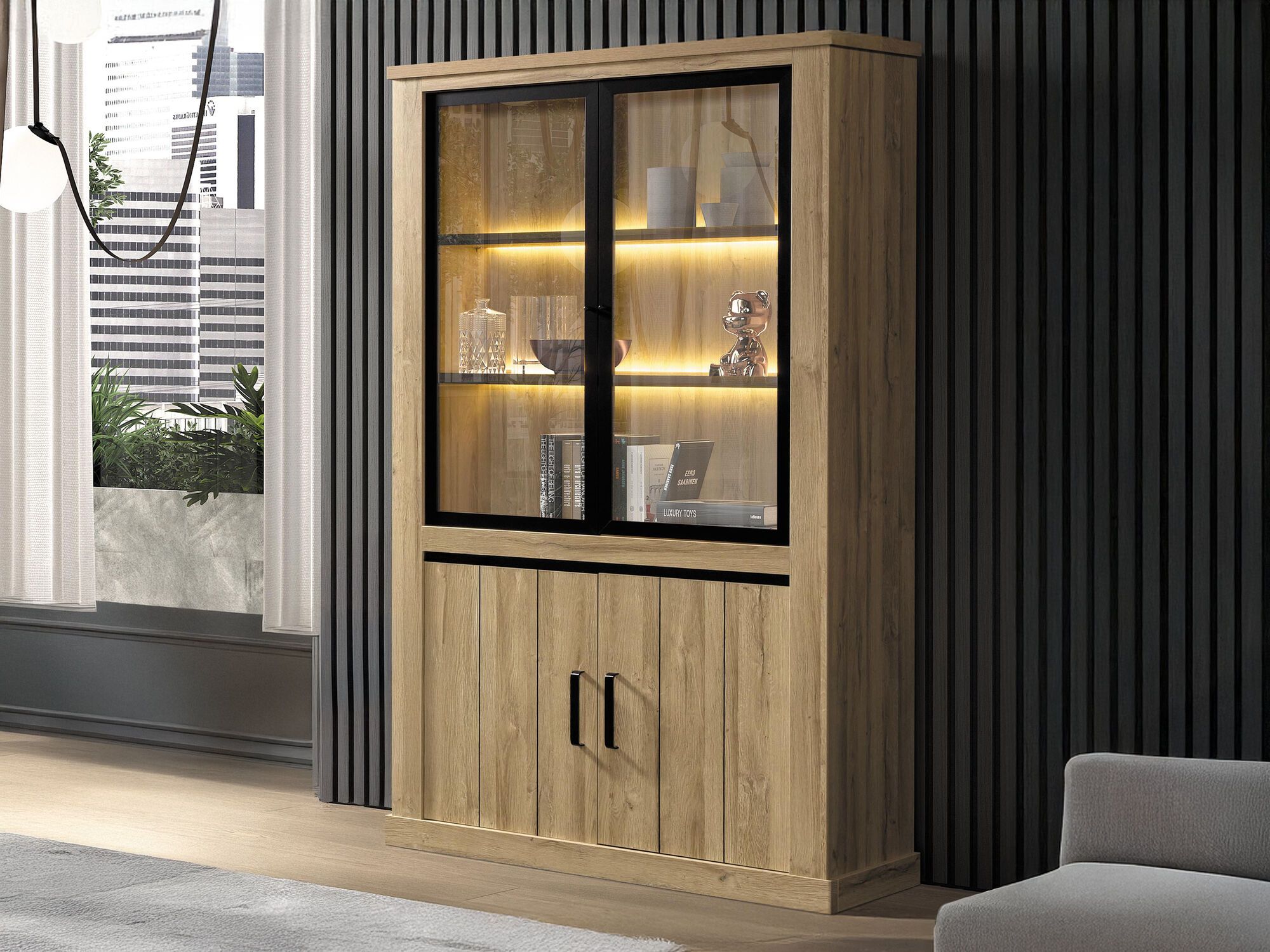 Vitrinekast TIBOR 4 deuren franse eik met led afbeelding