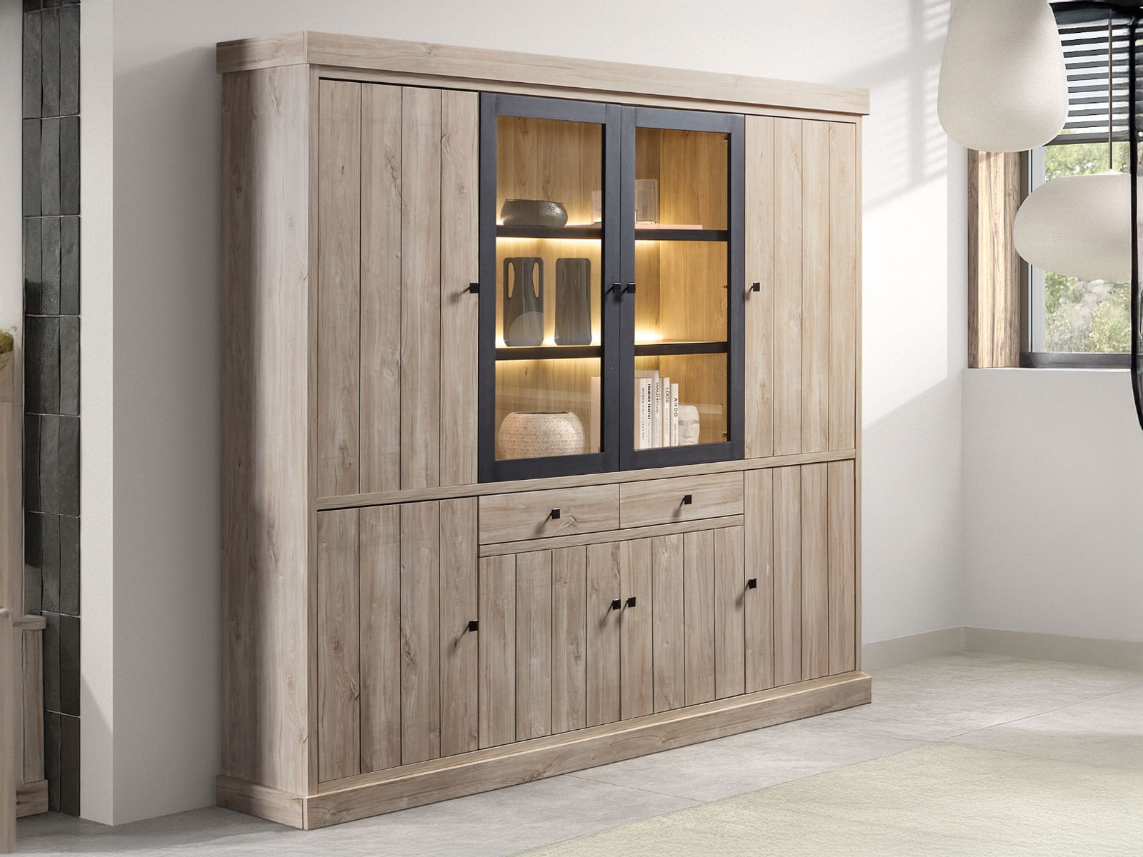 Vitrinekast TORYKA 8 deuren 2 lades strandeik met led afbeelding