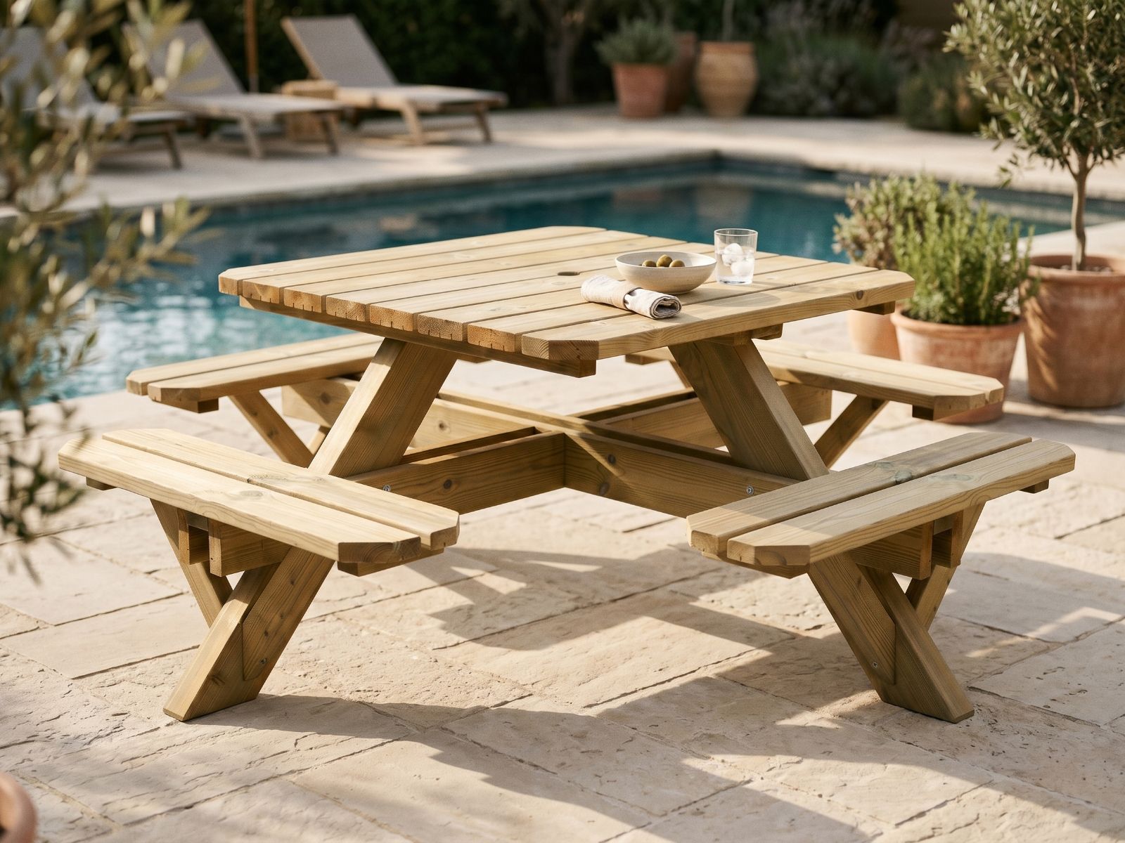 Vierkante picknicktafel TRAPANI 8 personen noorse den/spar