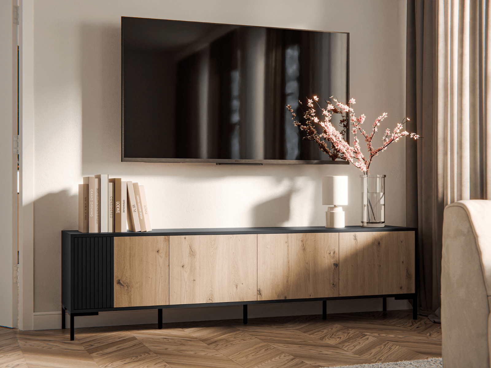 Mobistoxx Tv-meubel MARIS 200 cm mat zwart artisan eik