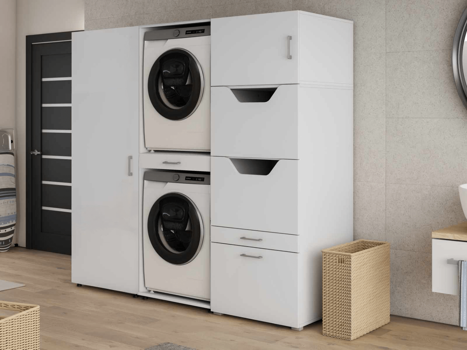 Kast WASHING 2 machines boven elkaar met 2 kasten LARGE wit