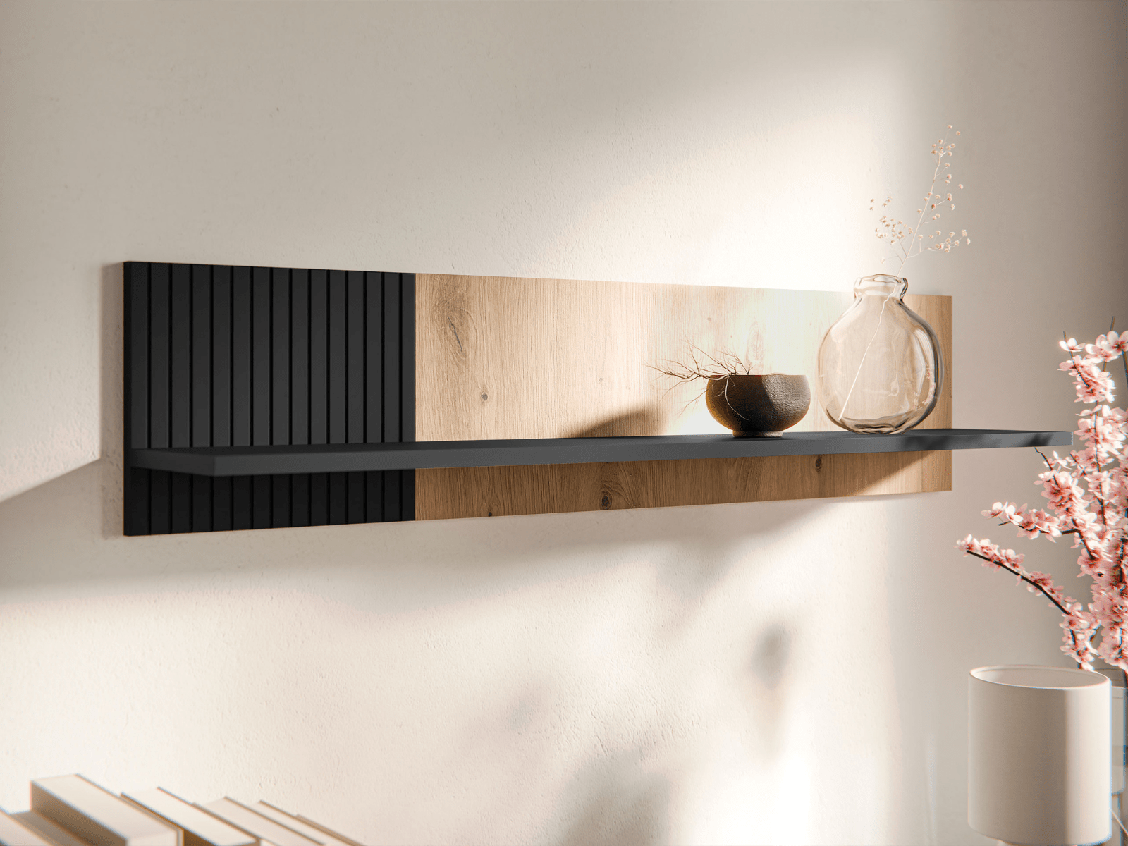 Wandplank MARIS 110 cm mat zwart/artisan eik