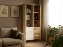 Vitrinekast OLIANNE 2 deuren 3 lades natuurlijke eik/wit