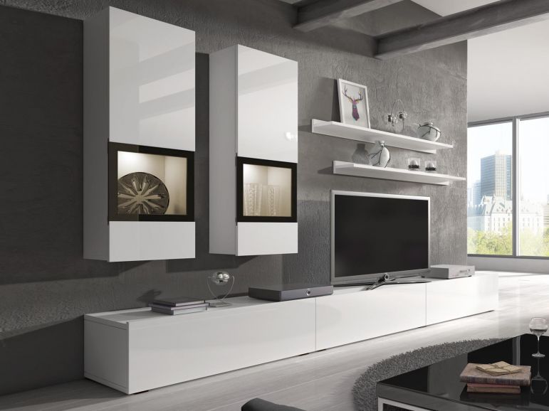 fenomeen Reorganiseren semester Tv-meubel set BABEL 5 deuren wit/hoogglans wit met verlichting zonder  salontafel