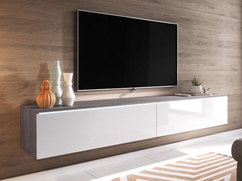 TV-meubel 2 klapdeuren 180 cm pijnboom/hoogglans wit verlichting