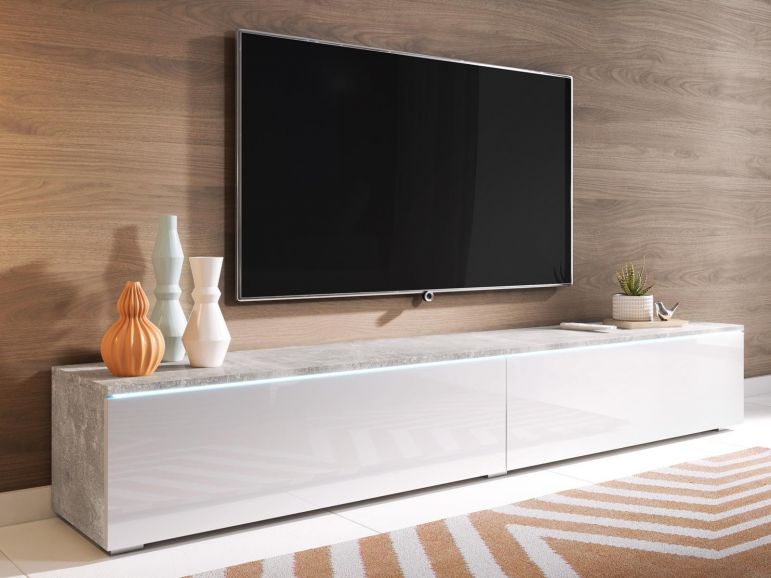 Dosering Beschikbaar cijfer TV-meubel DUBAI 2 klapdeuren 180 cm beton/hoogglans wit met verlichting