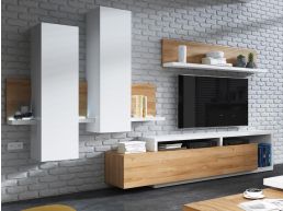 Tv-meubel set BOTSWANA 2 lades hoogglans wit/ grandson eikenhout