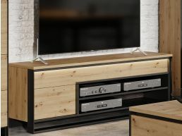 TV-meubel QUANTINO 1deur 2 lades eik artisanaal/zwart met LED