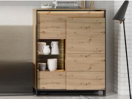 Vitrinekast QUANTINO 2 deuren 140 cm eik artisanaal/zwart met LED