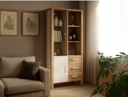 Vitrinekast OLIANNE 2 deuren 3 lades natuurlijke eik/wit