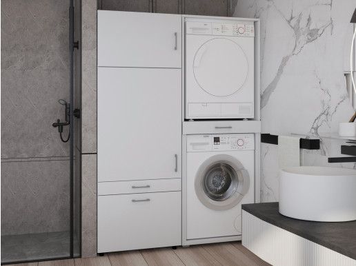 Kast WASHING 2 machines boven elkaar met kast 1 deur 2 lades wit met 1 opzetkast