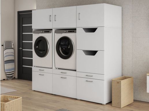 Kast WASHING 2 machines naast elkaar met kast voor wasgoed LARGE wit