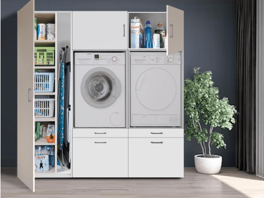 Kast WASHING 2 machines naast elkaar met kast 1 deur wit met 2 opzetkasten