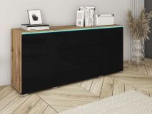 Dressoir VITTORIO 2 deuren 3 lades wotan eik/hoogglans zwart zonder led 