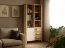 Vitrinekast OLIANNE 2 deuren 3 lades natuurlijke eik/wit