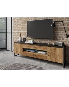 TV-meubel TARO 2 deuren en 2 lades 204 cm canyon eik/zwart met led