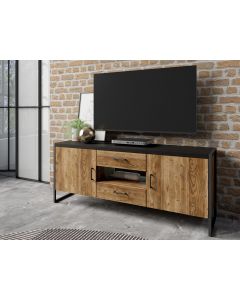 TV-meubel TARO 2 deuren en 2 lades 154 cm canyon eik/zwart met led 