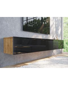 Tv-meubel KINGSTON 2 klapdeuren 210 cm gouden eik/hoogglans zwart